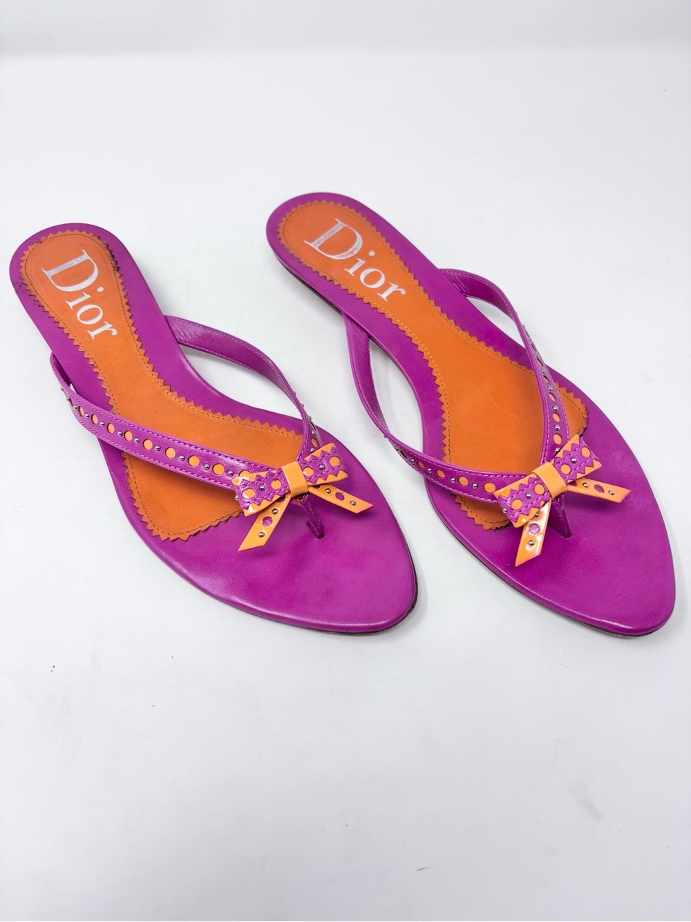 Vintage Dior D’trick Bow Thong Flip Flop Kitten Heel Sandal 41.5 EU Pink Orange
